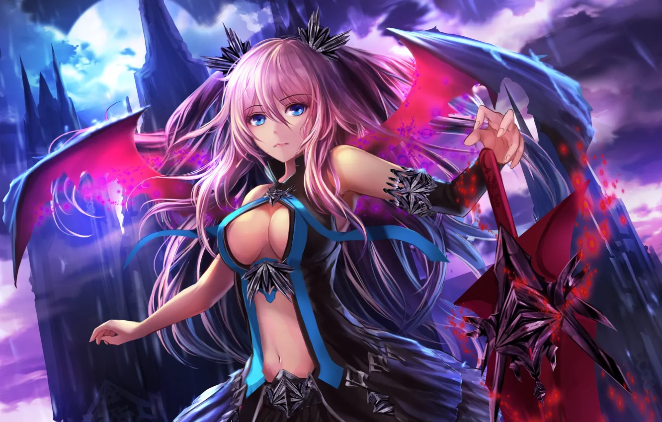 Photo wallpaper look, girl, night, weapons, magic, wings, the demon, neckline