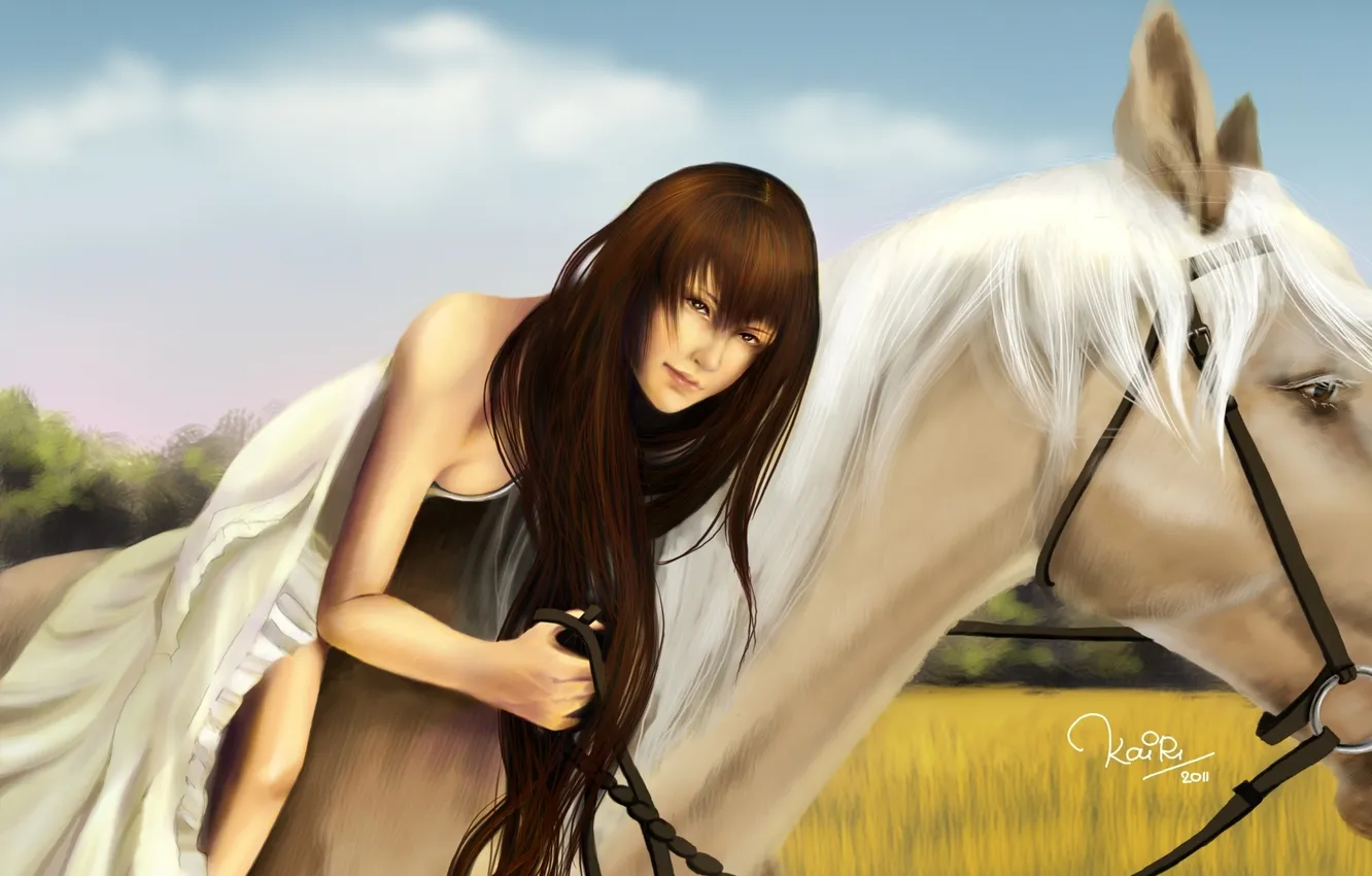 Photo wallpaper field, white, grass, girl, horse, horse, dress, art