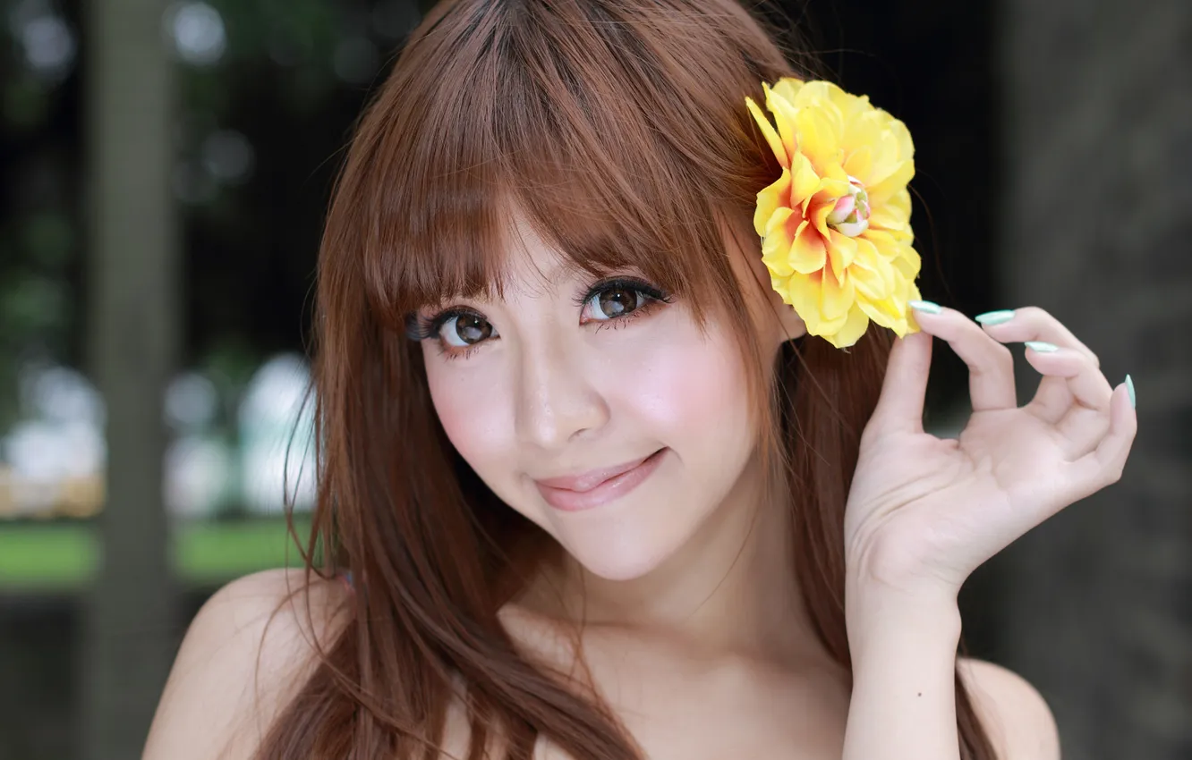 Photo wallpaper flower, girl, face, Asian