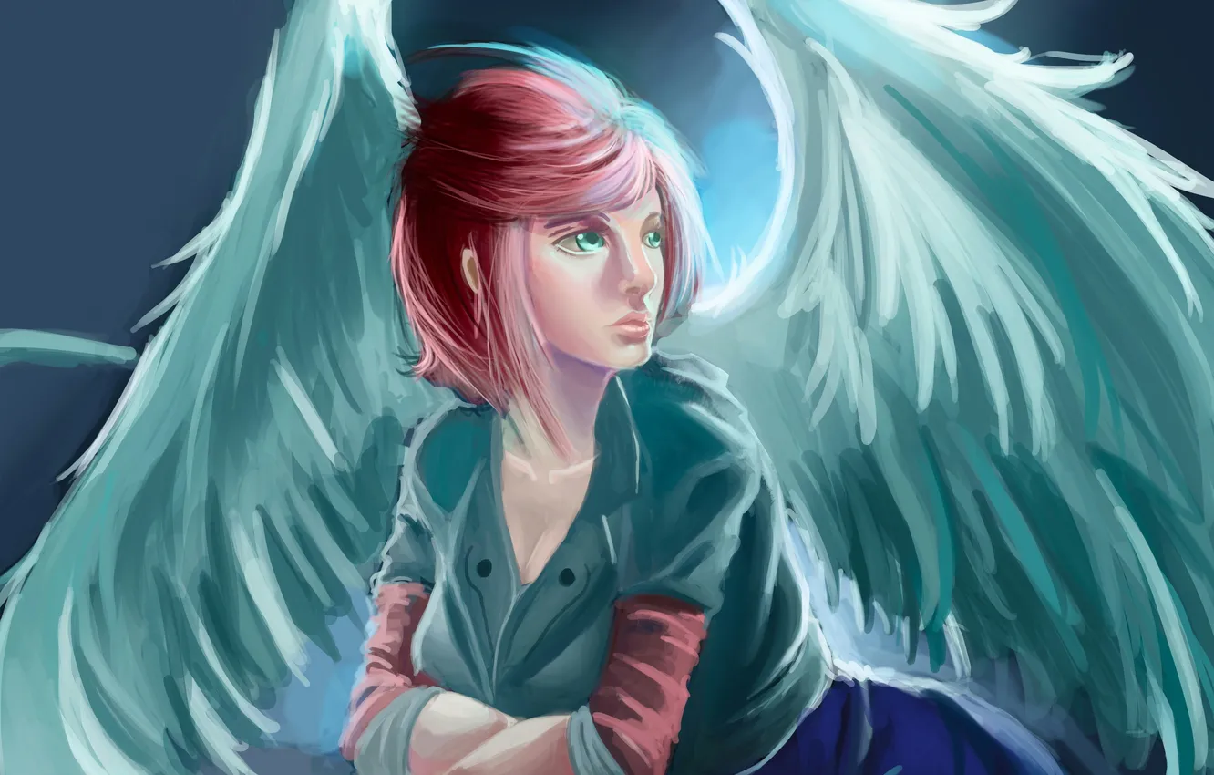 Photo wallpaper look, girl, wings, sitting