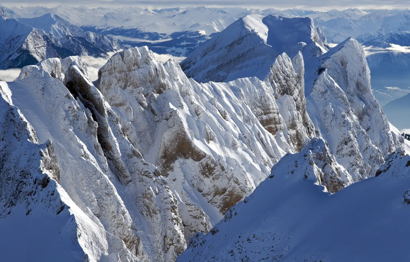 Photo wallpaper winter, snow, landscape, mountains, photo, tops, winter Wallpaper