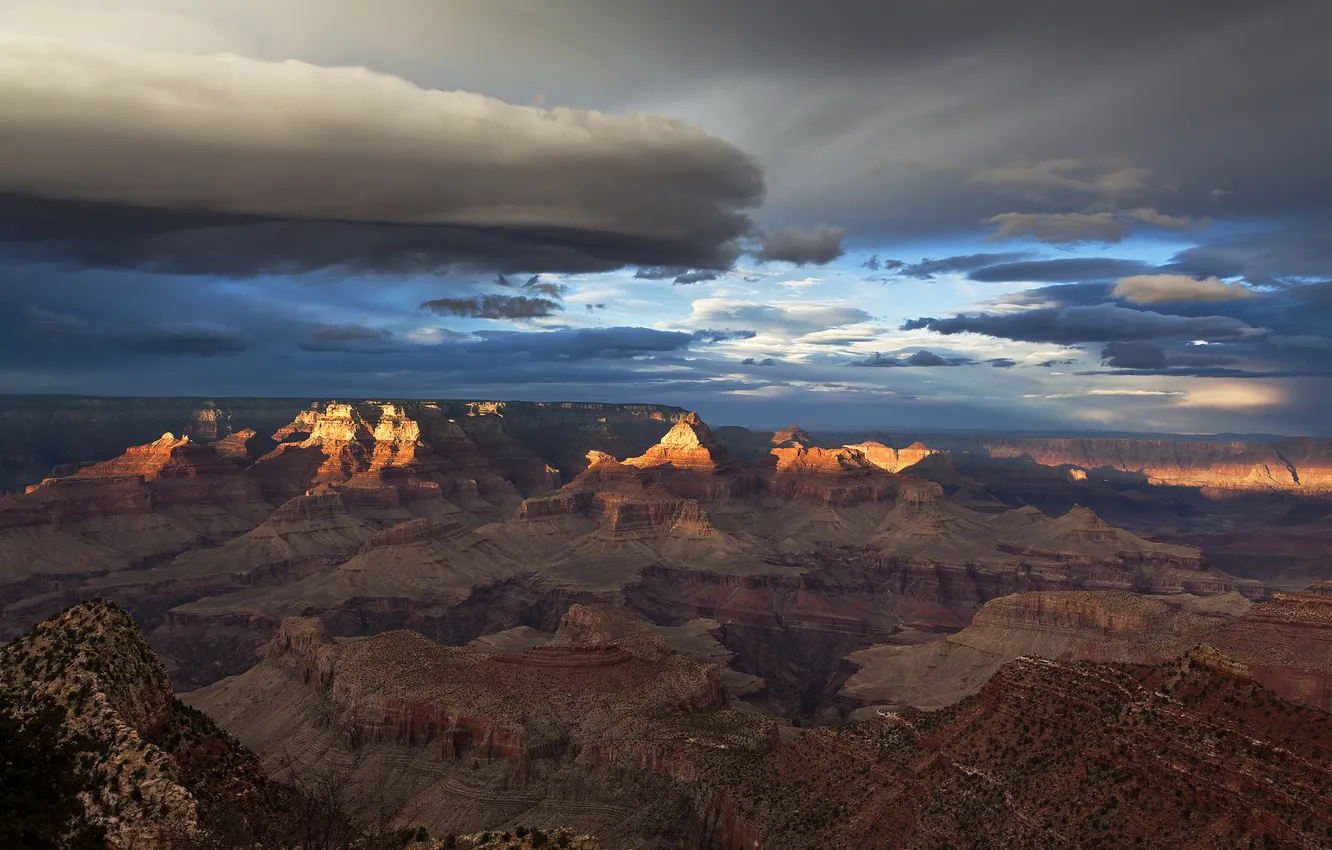 Photo wallpaper clouds, light, sunset, rocks, AZ, USA, The Grand Canyon, Grand Canyon