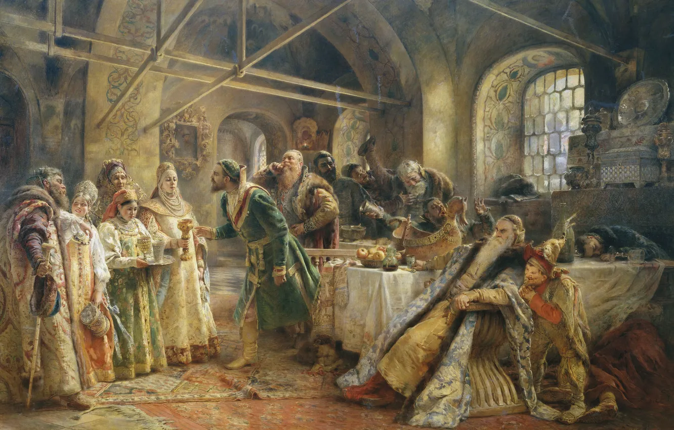 Photo wallpaper picture, painting, vintage, Russian, rite, guests, K. E. Makovsky, honoring