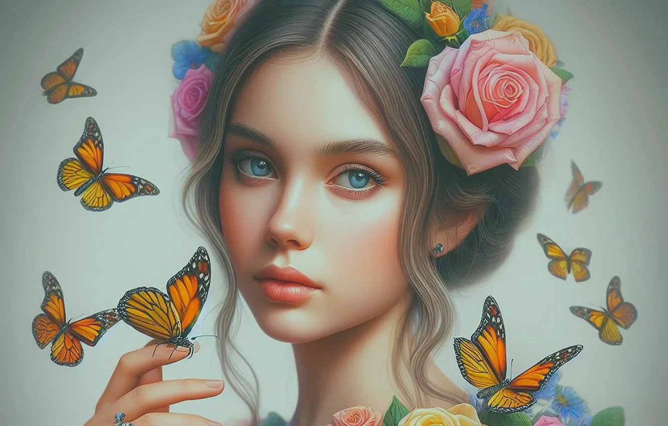 Photo wallpaper look, girl, flowers, butterfly, generated by AI