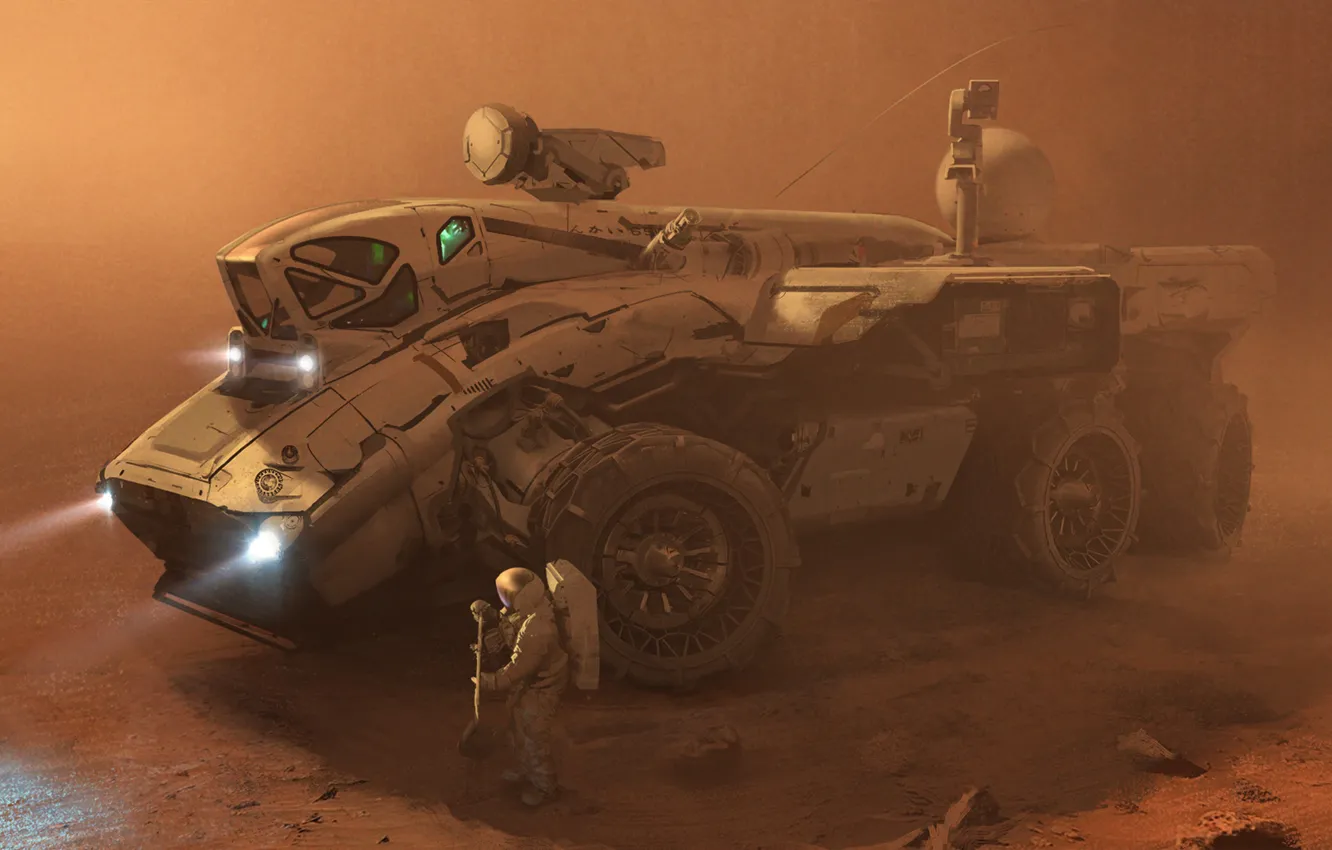 Photo wallpaper sand, fiction, storm, Mars, astronauts, the astronauts, Rover, the Rover