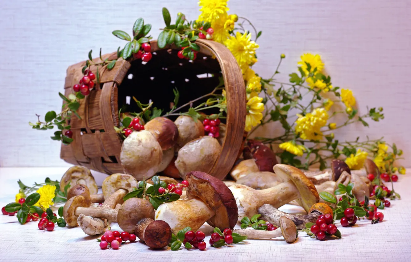 Photo wallpaper flowers, basket, mushrooms, cranberries, Borovik