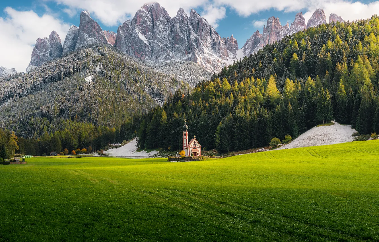 Photo wallpaper the sky, clouds, trees, mountains, rocks, valley, Alps, Italy