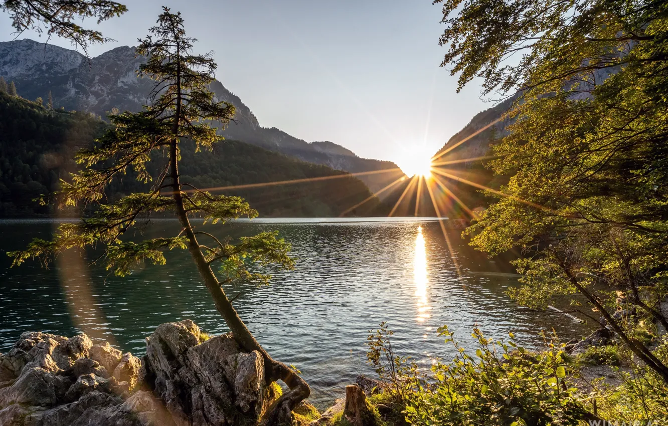 Photo wallpaper trees, sunset, mountains, lake, Austria, Austria, Styria, Styria
