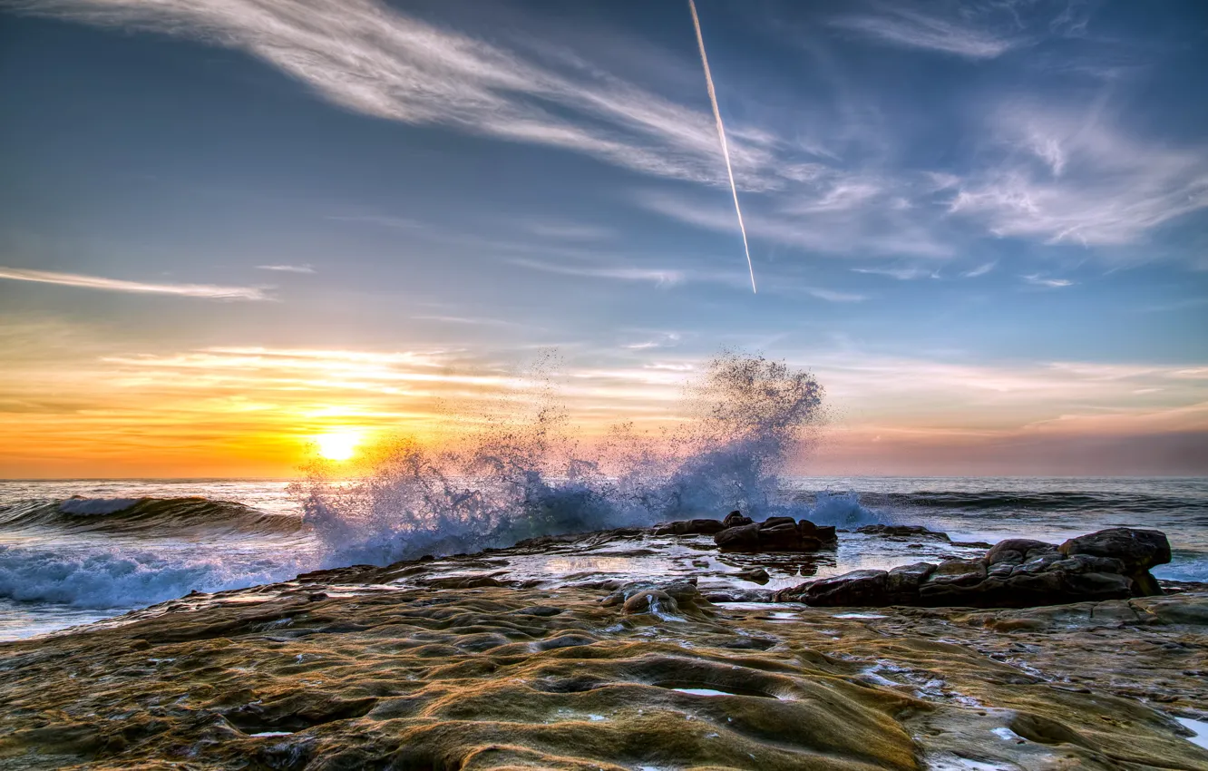 Photo wallpaper sea, wave, landscape, sunset
