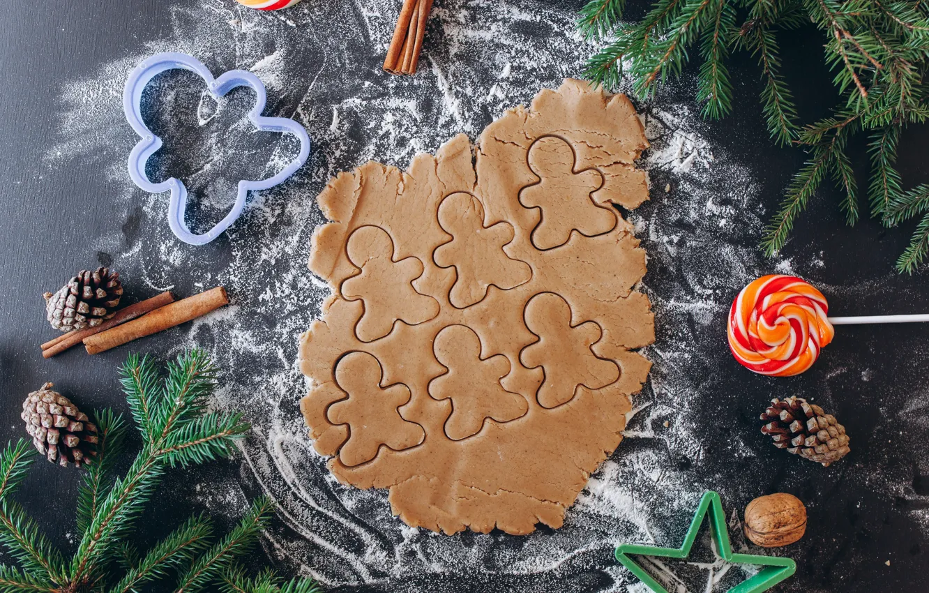 Photo wallpaper holiday, spruce, form, New year, cinnamon, Bumps, Cookies, Lollipops