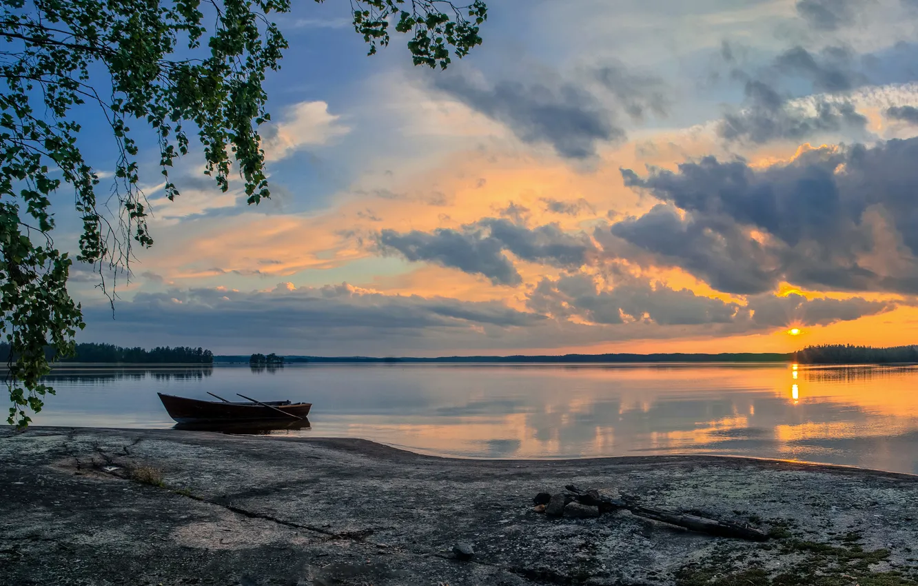 Photo wallpaper sunset, lake, boat, the evening