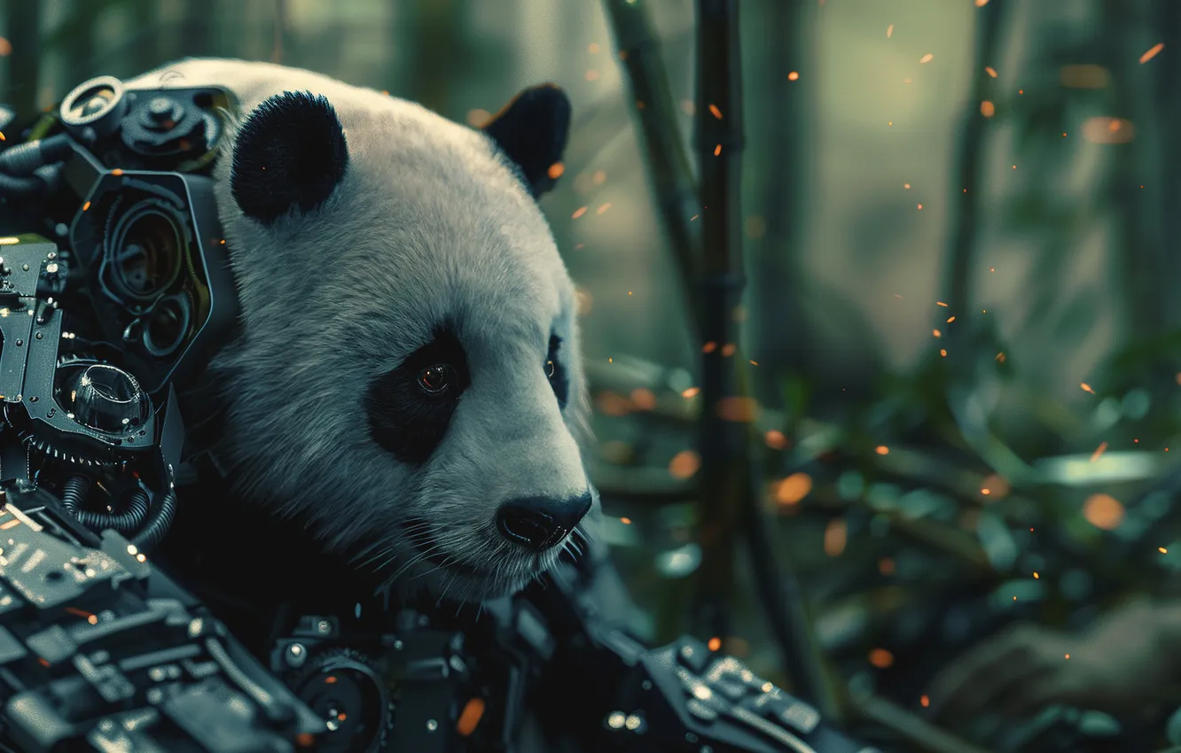 Photo wallpaper a reed, mechanism, forest, Panda, sparks, Cyber, paws