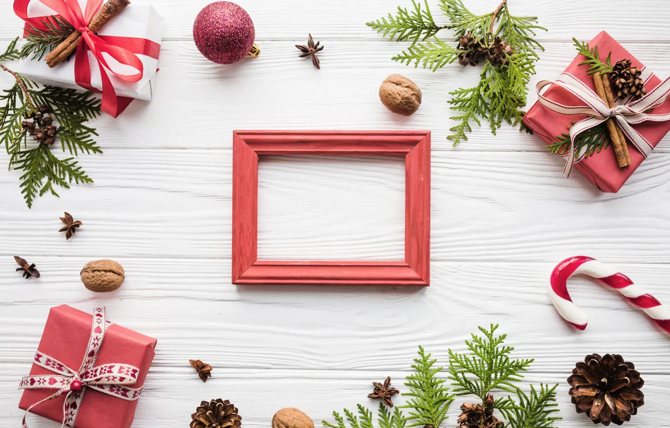 Photo wallpaper holiday, gift, nuts, bumps, decor, spices, twigs Christmas trees