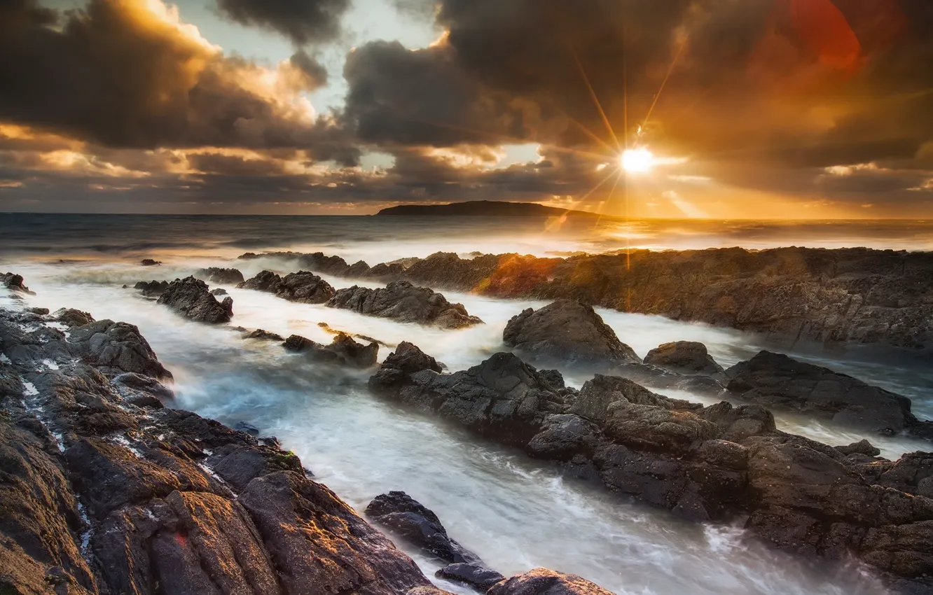 Photo wallpaper sea, the sky, the sun, nature, glare, stones, rocks