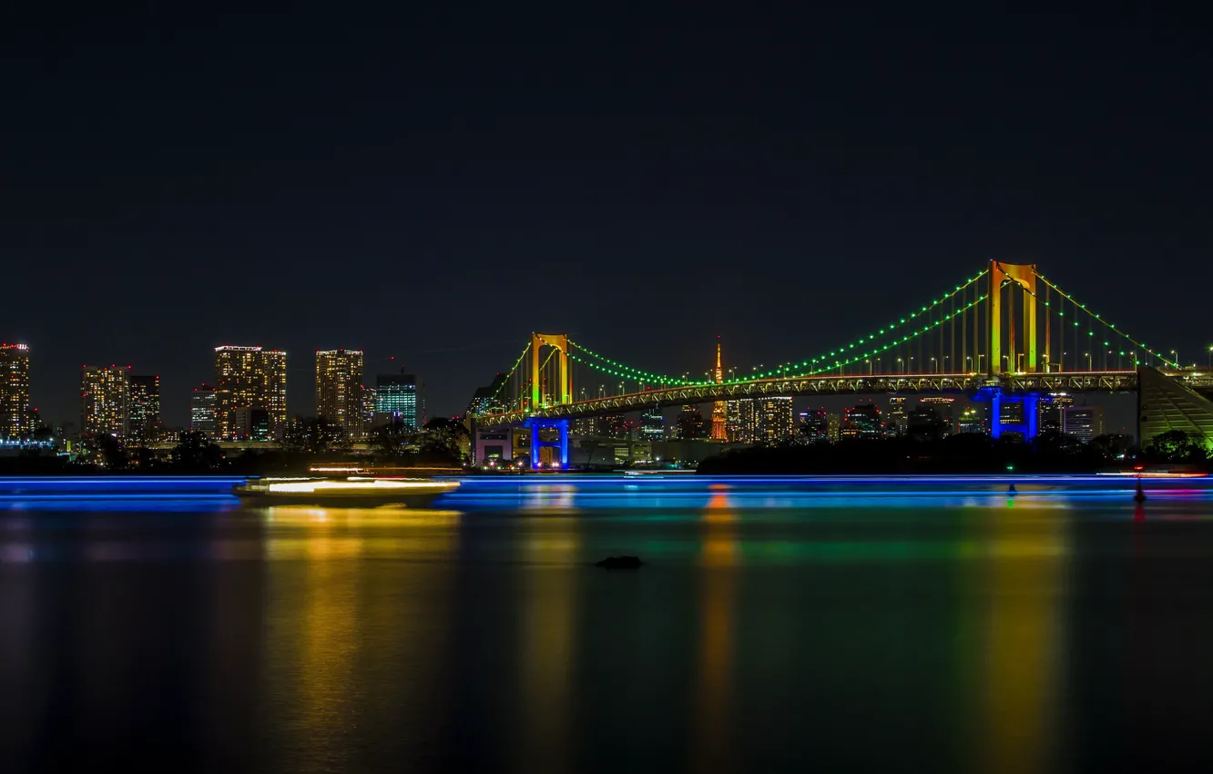Photo wallpaper lights, Tokyo, Japan, Rainbow Bridge, building