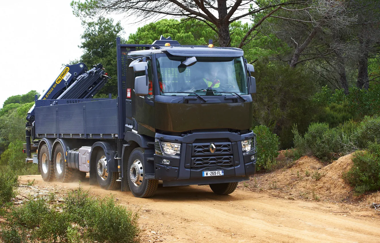 Photo wallpaper road, vegetation, dust, truck, Renault, body, four-axle, CMU