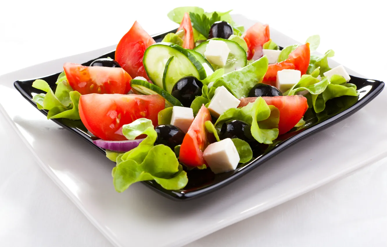 Photo wallpaper cheese, bow, plate, tomatoes, cucumbers, salad, olives, lettuce
