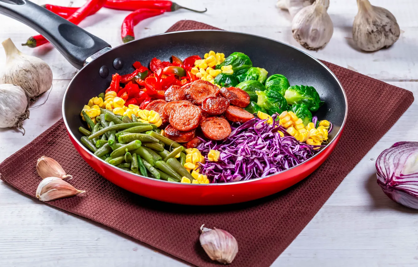 Photo wallpaper sausage, vegetables, pan