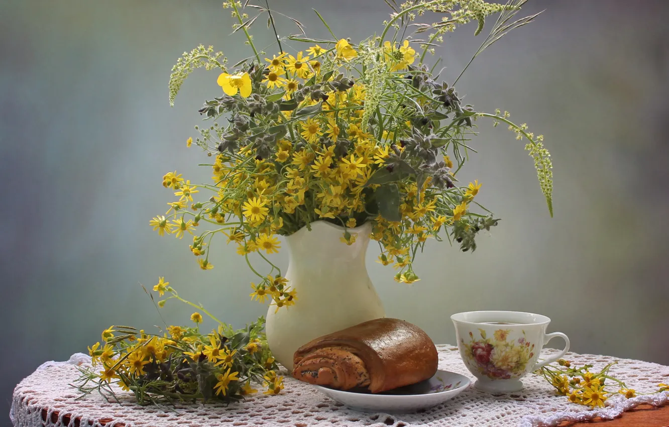 Photo wallpaper flowers, tea, bouquet, Cup, bun