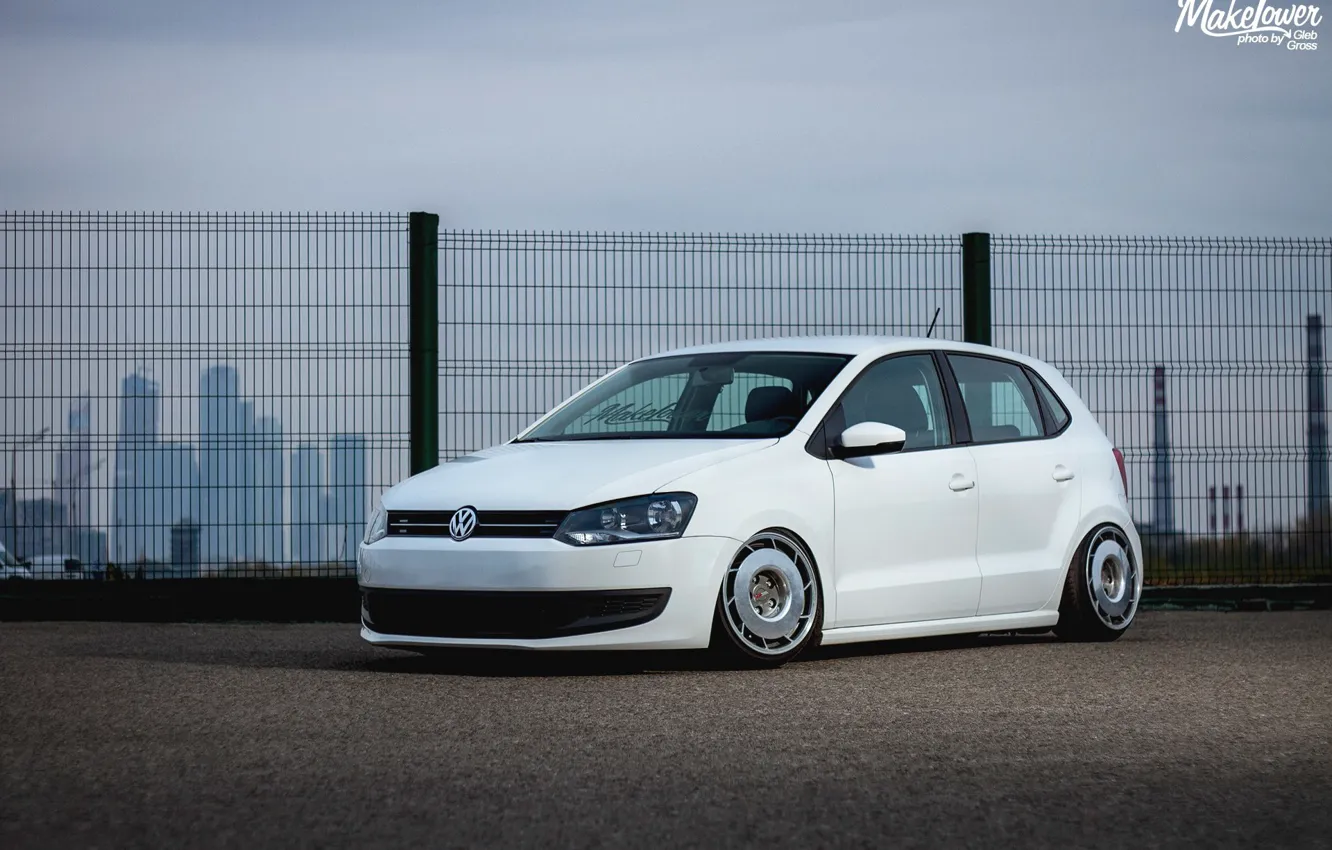 Photo wallpaper volkswagen, white, wheels, tuning, polo, germany, low, stance