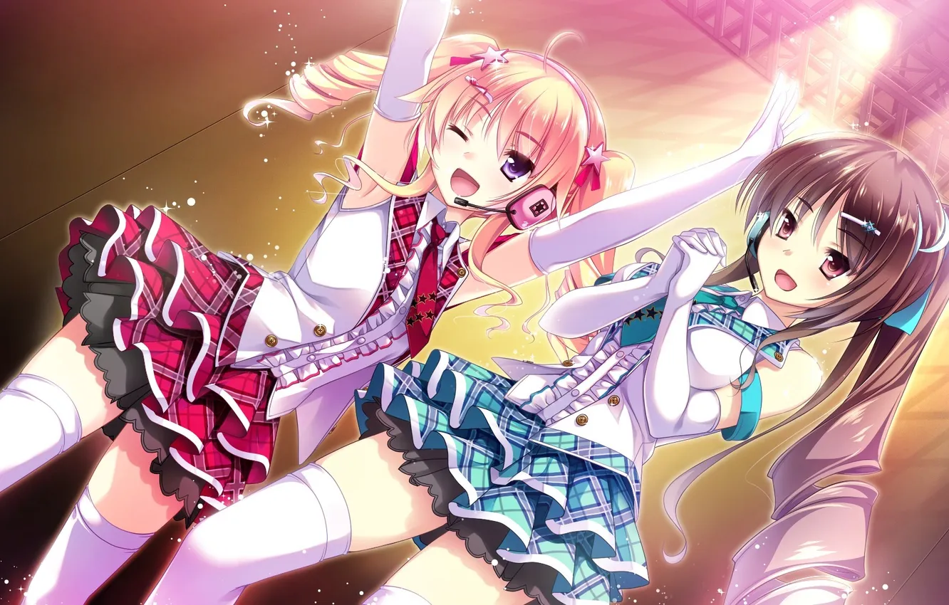 Photo wallpaper girl, joy, mood, scene, headphones, spotlight, art, song