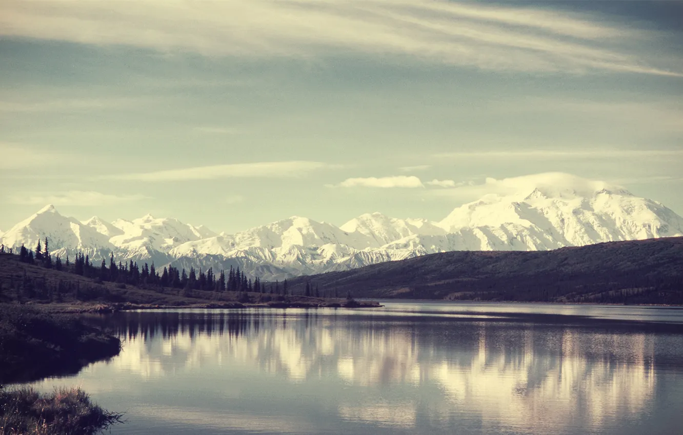 Photo wallpaper forest, the sky, grass, water, clouds, snow, trees, landscape