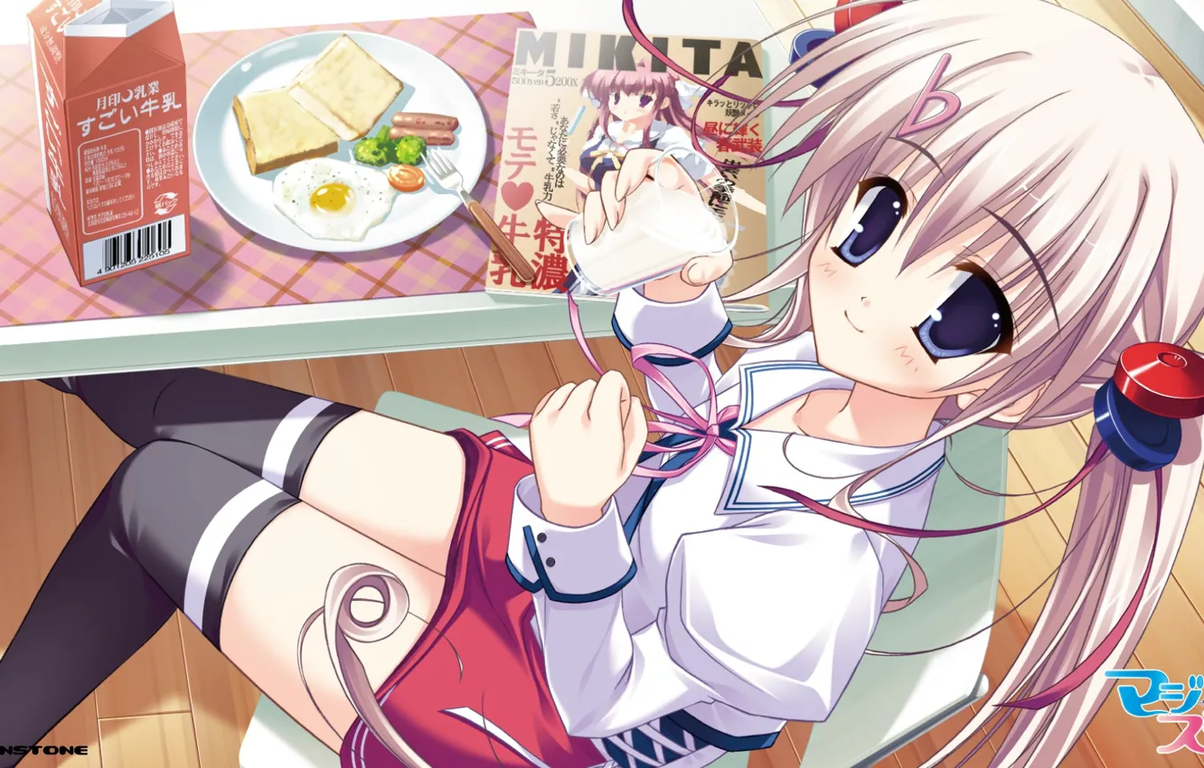 Photo wallpaper glass, Breakfast, milk, schoolgirl, scrambled eggs, journal, black stockings, looking up