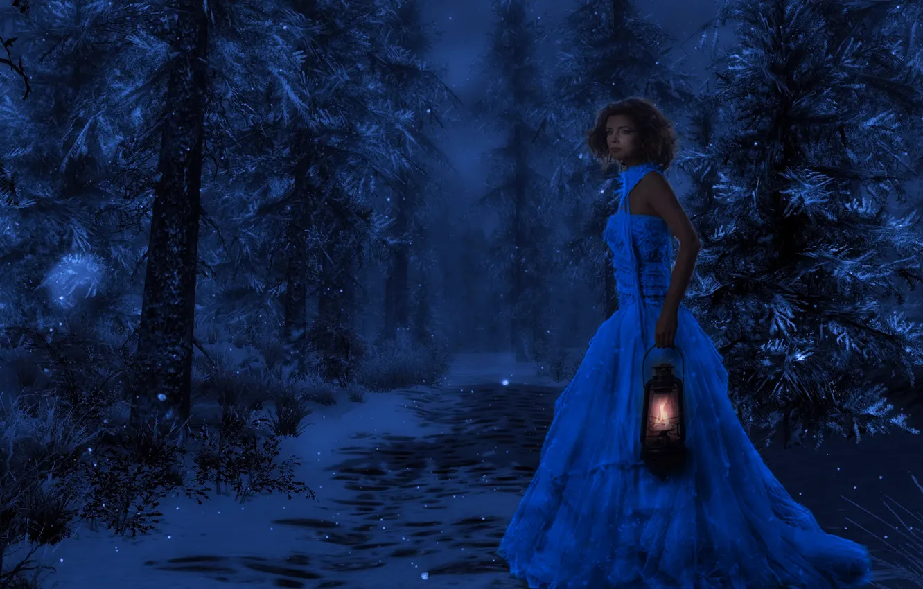 Photo wallpaper winter, forest, girl, snow, night, nature