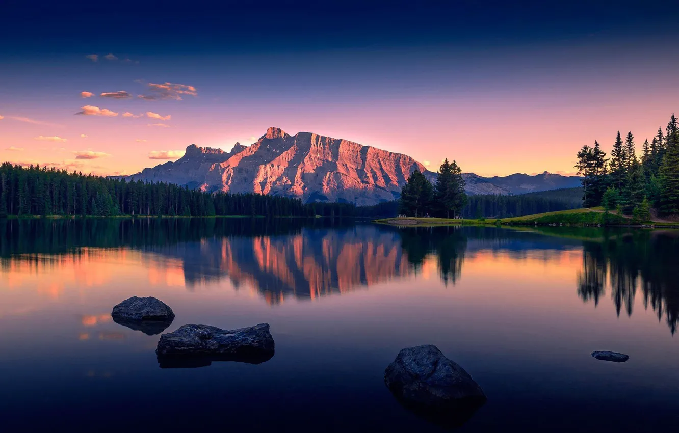 Photo wallpaper mountains, lake, stones