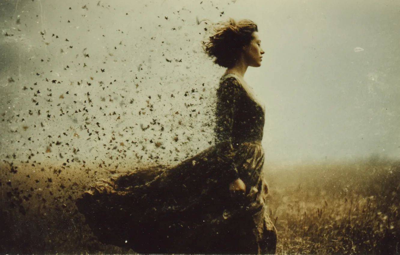 Photo wallpaper field, the sky, leaves, girl, retro, the wind, blur, dress