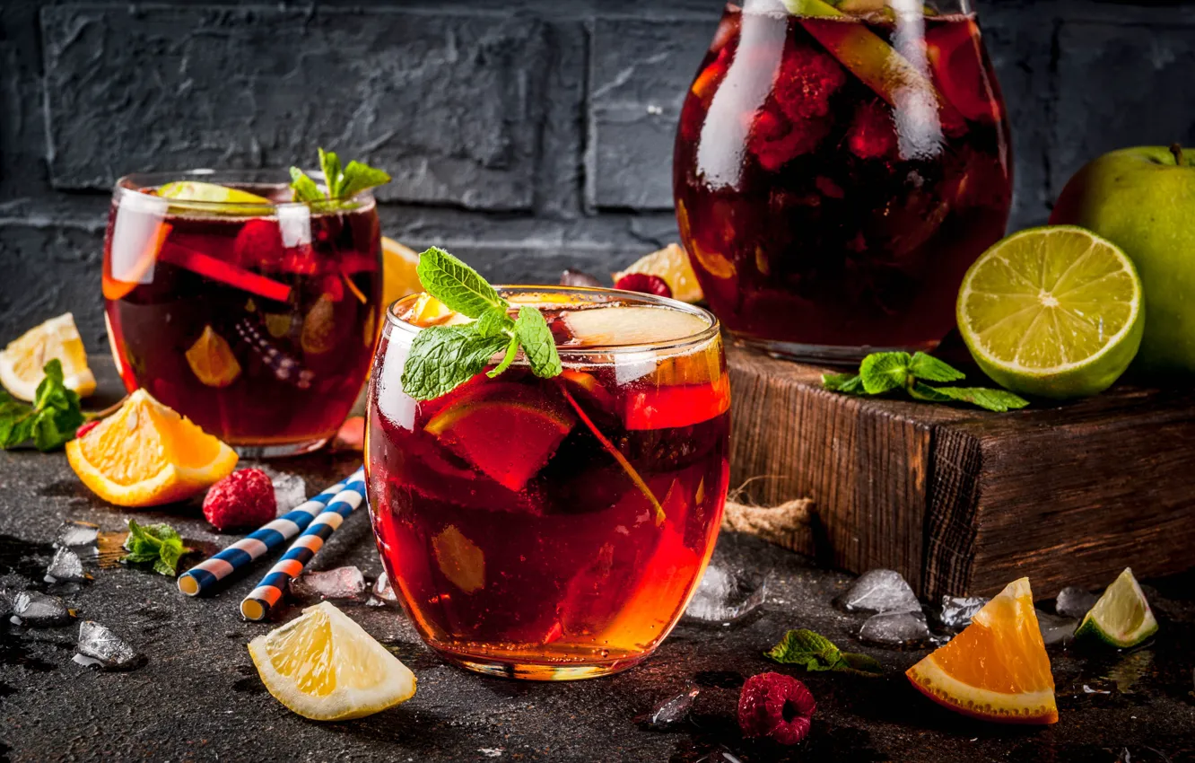 Photo wallpaper ice, glass, apples, orange, lime, citrus, drink, pitcher