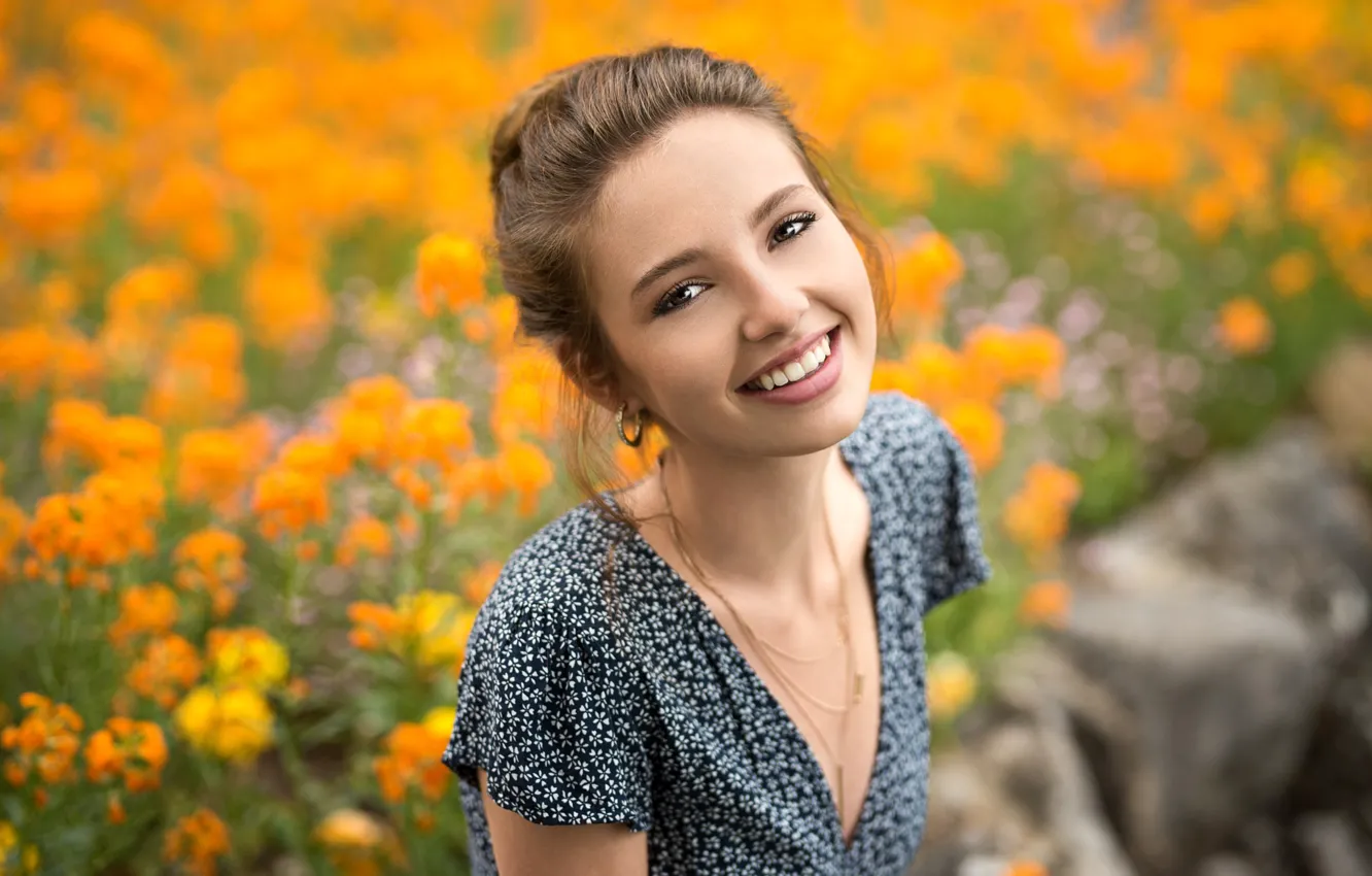 Photo wallpaper look, girl, flowers, smile, background, portrait, makeup, dress