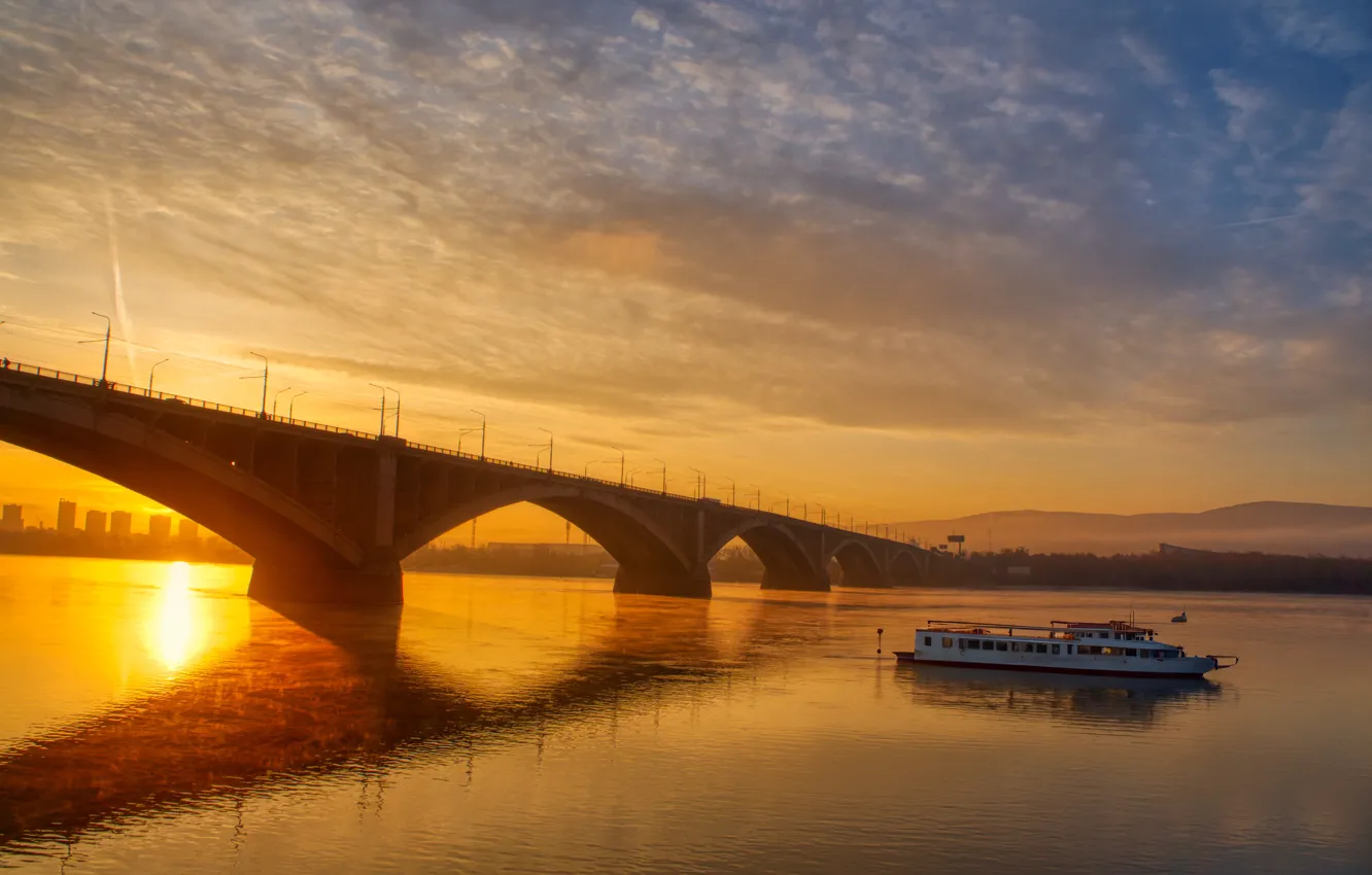 Photo wallpaper sunset, bridge, river