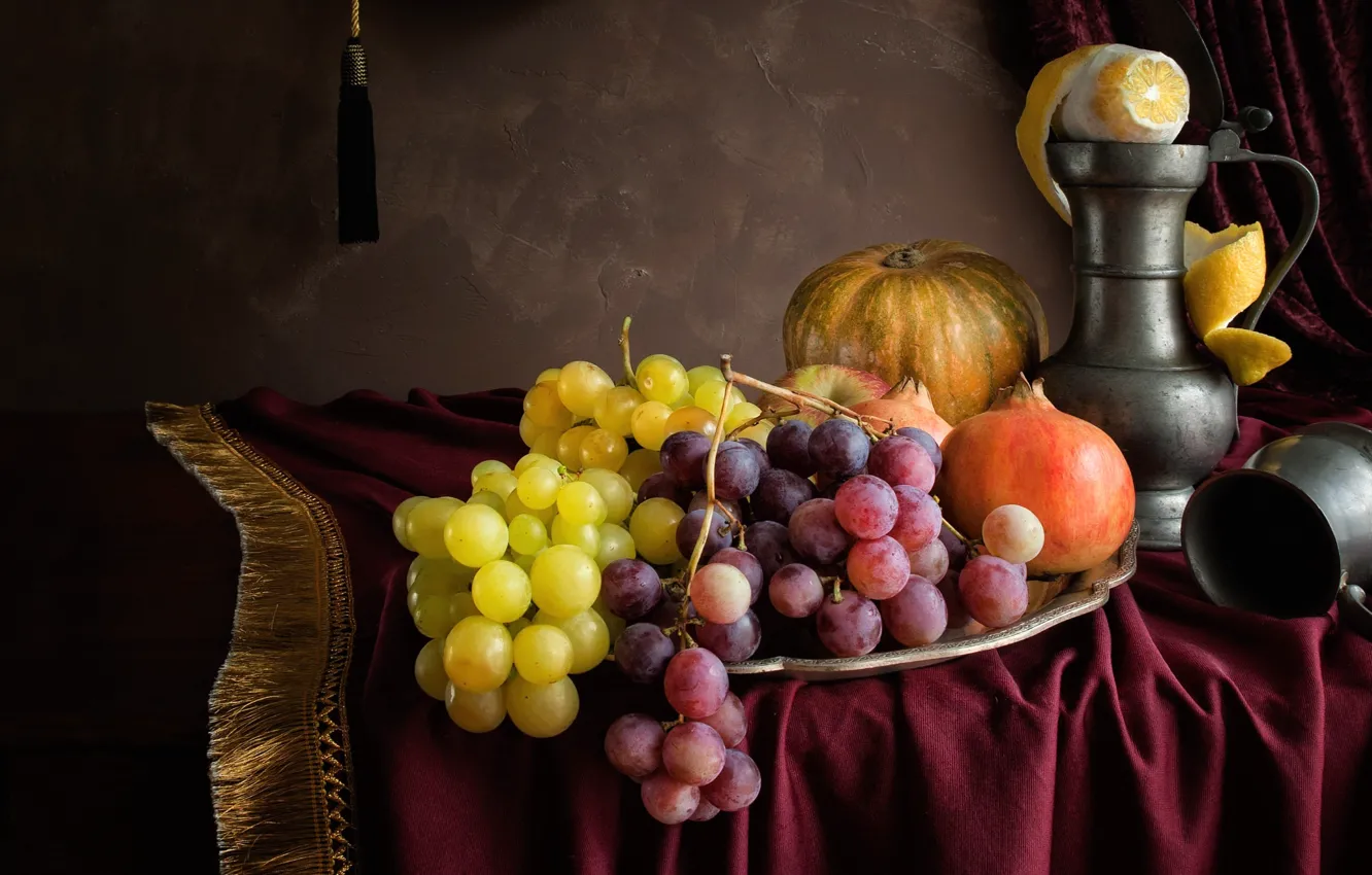Photo wallpaper lemon, grapes, pumpkin, pitcher, fruit, still life, garnet