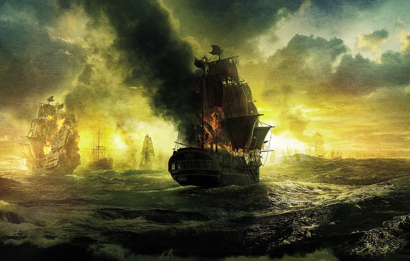 Photo wallpaper sea, wave, clouds, fire, ships, sails, Pirates of the Caribbean, Pirates of the Caribbean