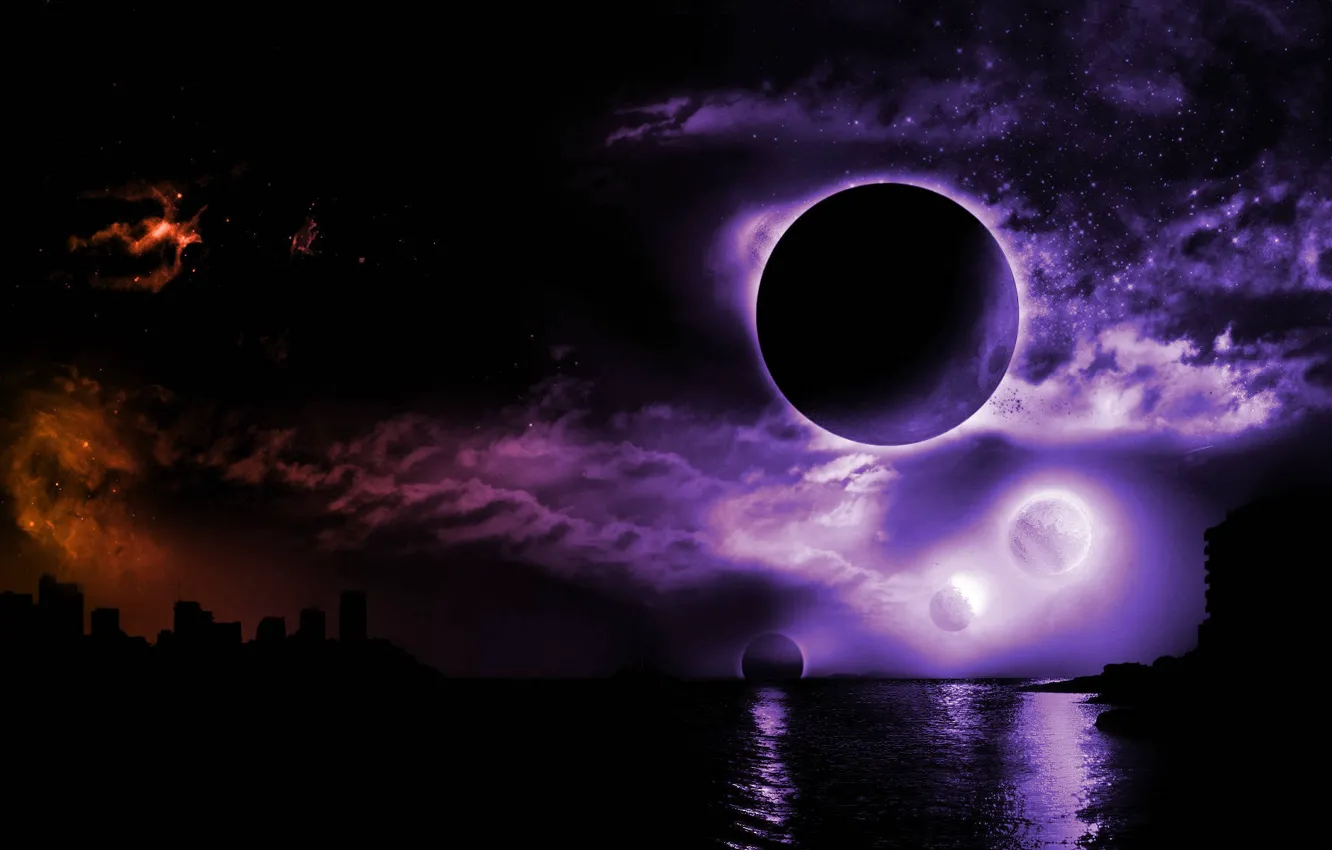 Photo wallpaper sea, the city, darkness, planet