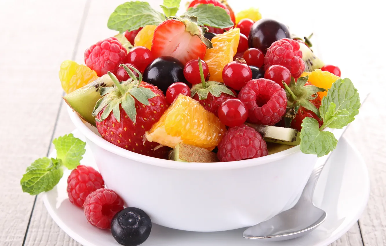 Photo wallpaper berries, raspberry, orange, kiwi, blueberries, strawberry, fruit, currants