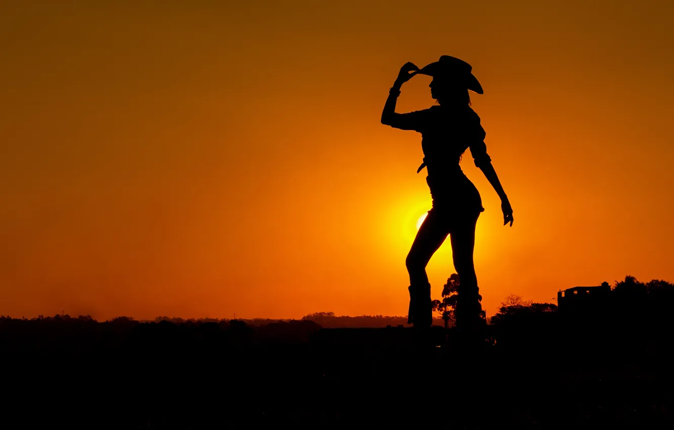 Photo wallpaper the sun, sunset, hat, silhouette