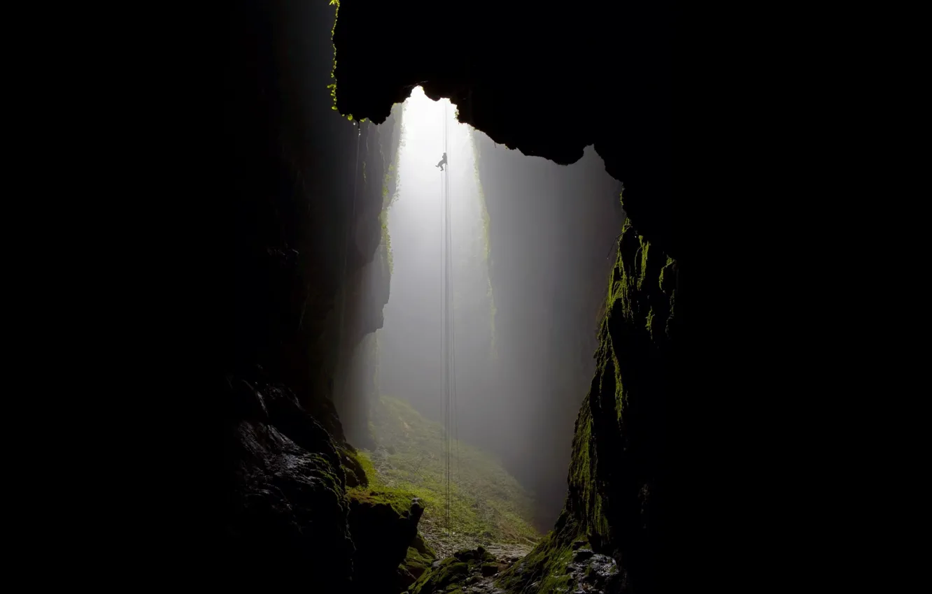 Photo wallpaper surface, darkness, rocks, height, moss, depth, rope, cave