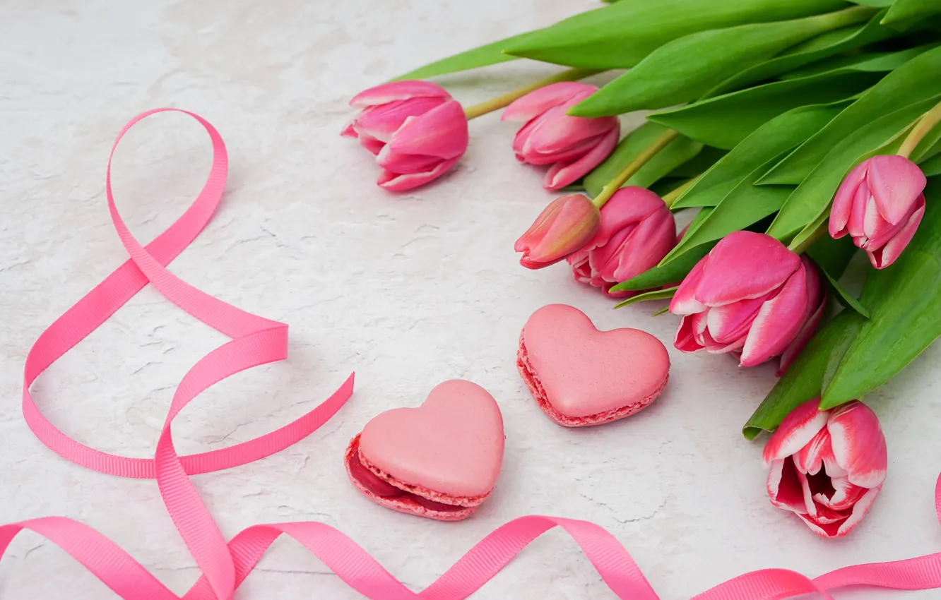 Photo wallpaper flowers, figures, tulips, March 8, pink, flowers, hearts, tulips