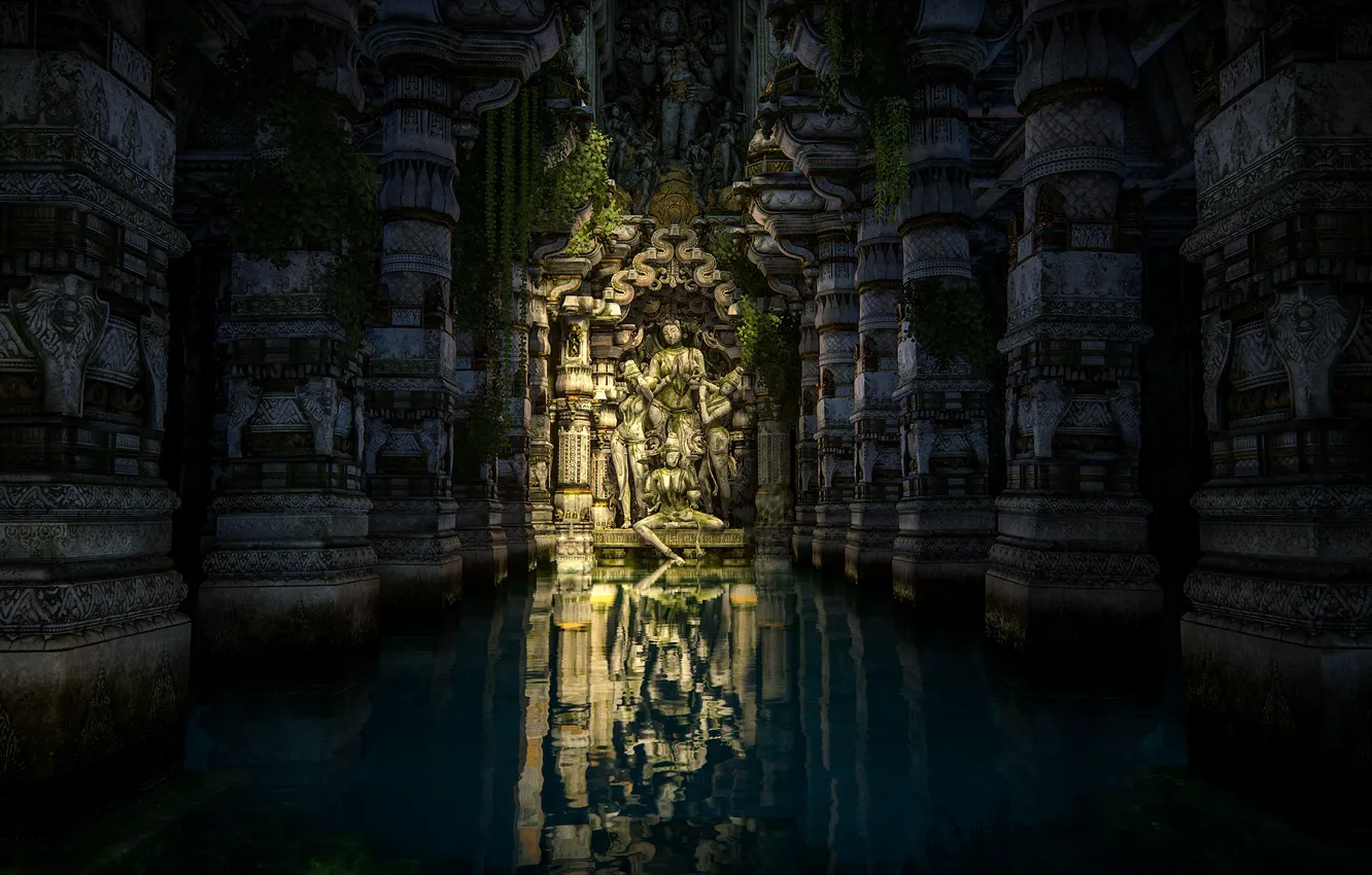Photo wallpaper river, jungle, statue, Buddha, Uncharted: The Lost Legacy