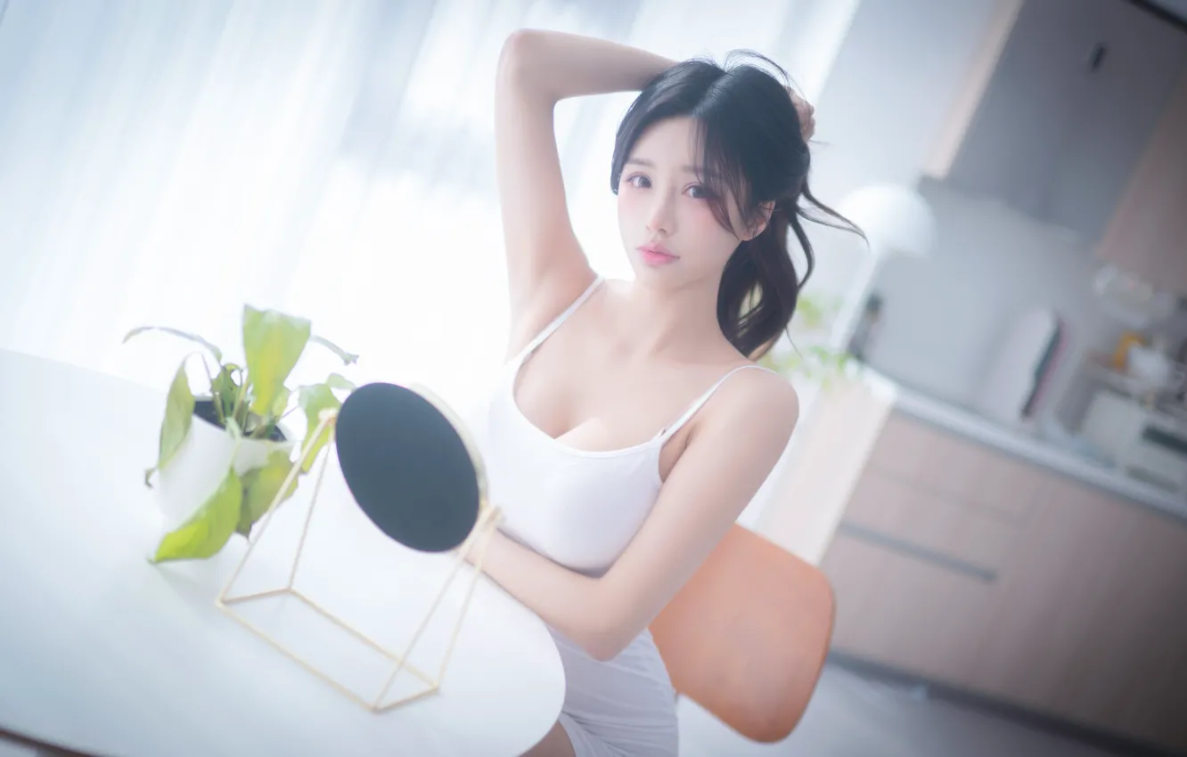 Photo wallpaper cleavage, dress, model, women, asian, white dress, women indoors, Korean women