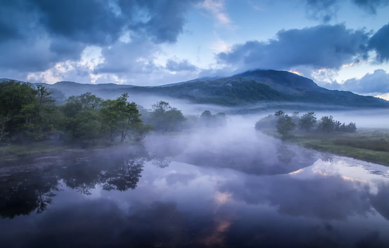 Photo wallpaper mountains, fog, river, hills, England, morning, England, Wales