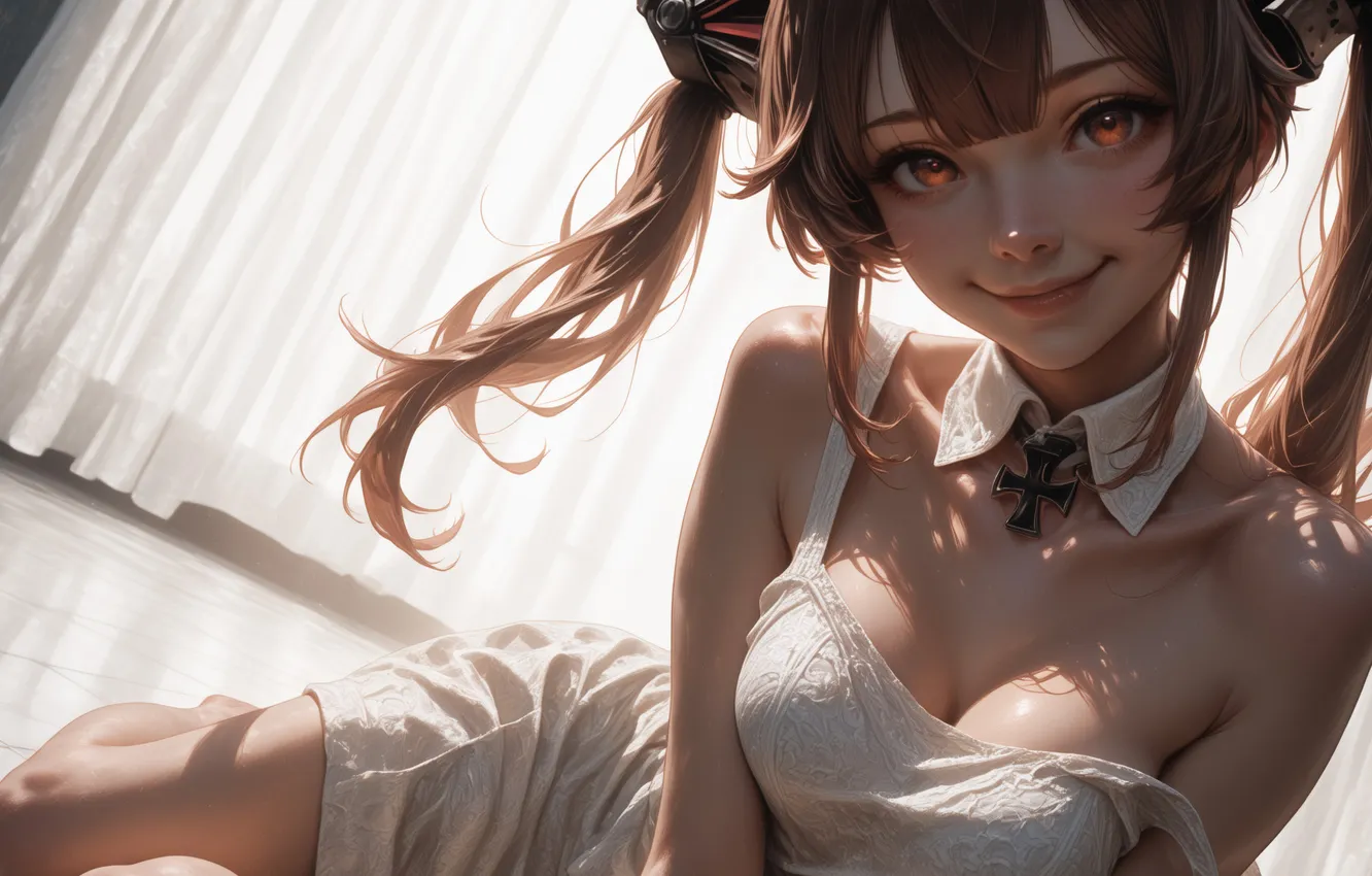 Photo wallpaper look, girl, smile, anime, window, tulle