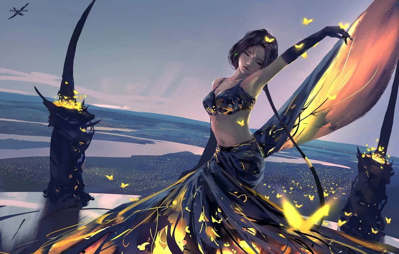 Photo wallpaper girl, landscape, butterfly, art, Ghost blade, Wlop