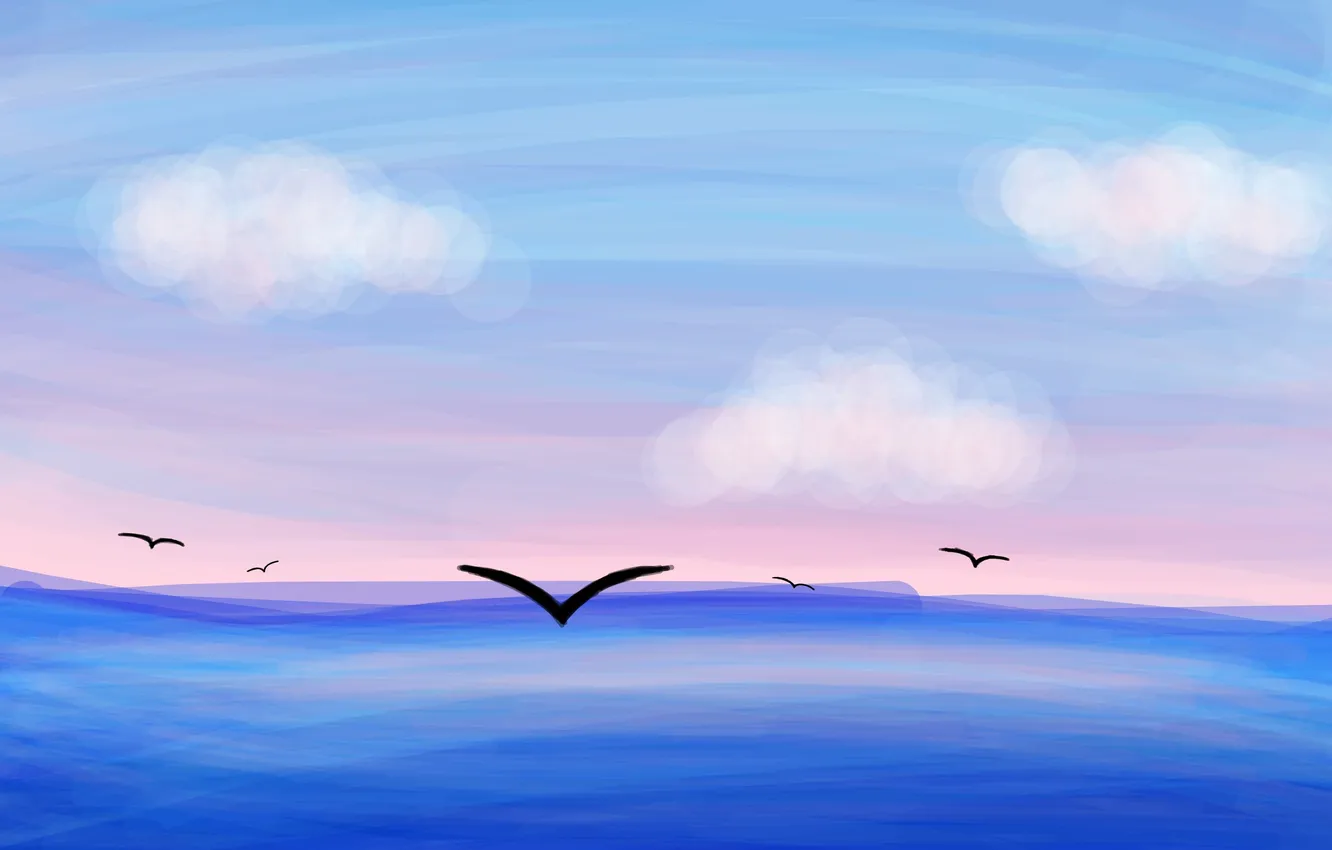 Photo wallpaper sea, clouds, seagulls