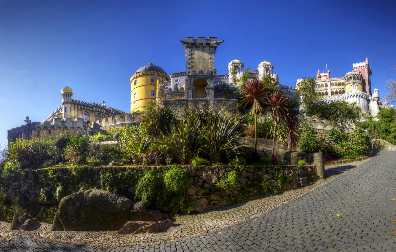 Photo wallpaper road, trees, stones, Portugal, the bushes, Palace, hill, Sintra