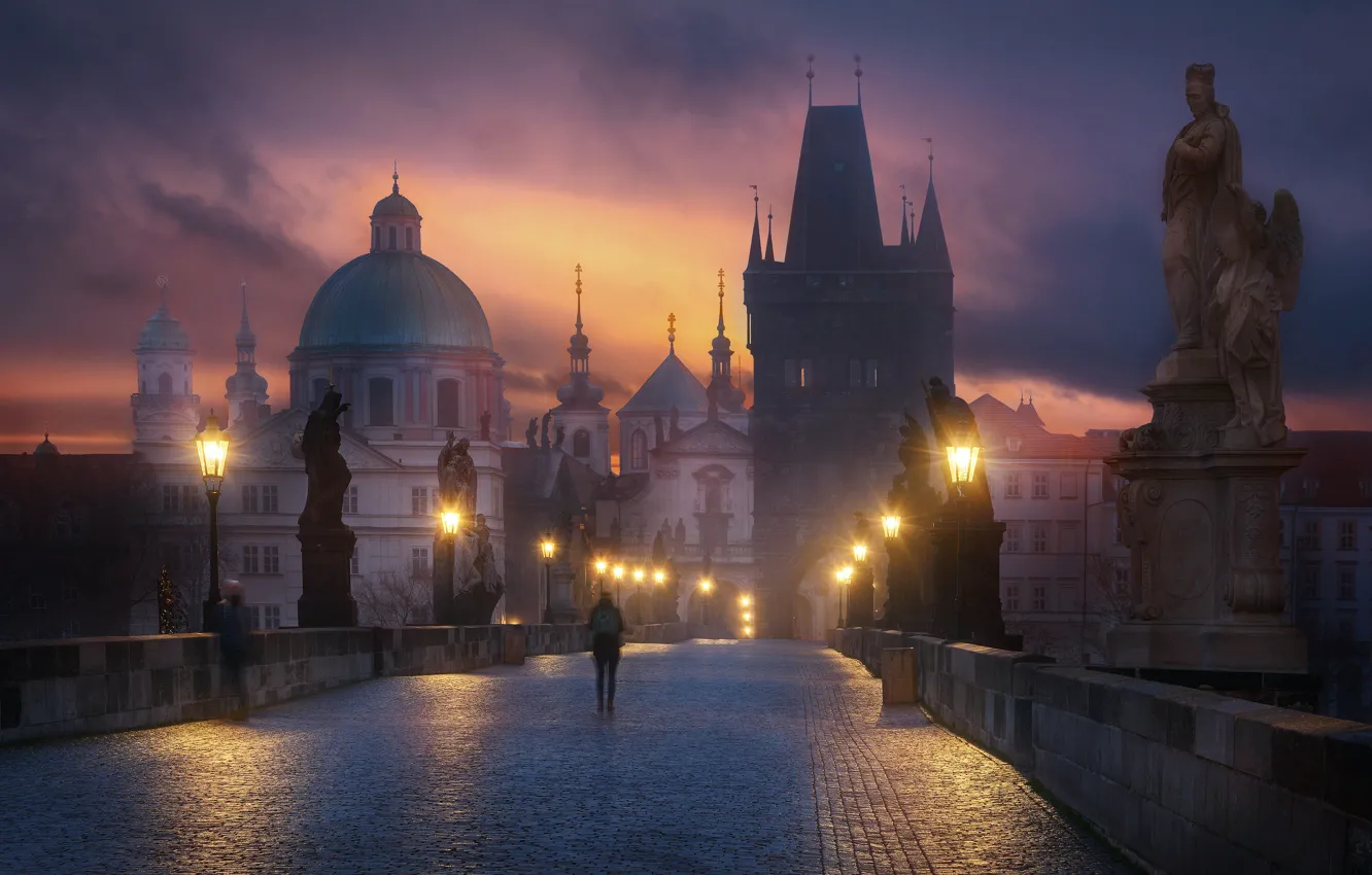 Photo wallpaper the city, tower, the evening, Prague, Czech Republic, lighting, lights, temple
