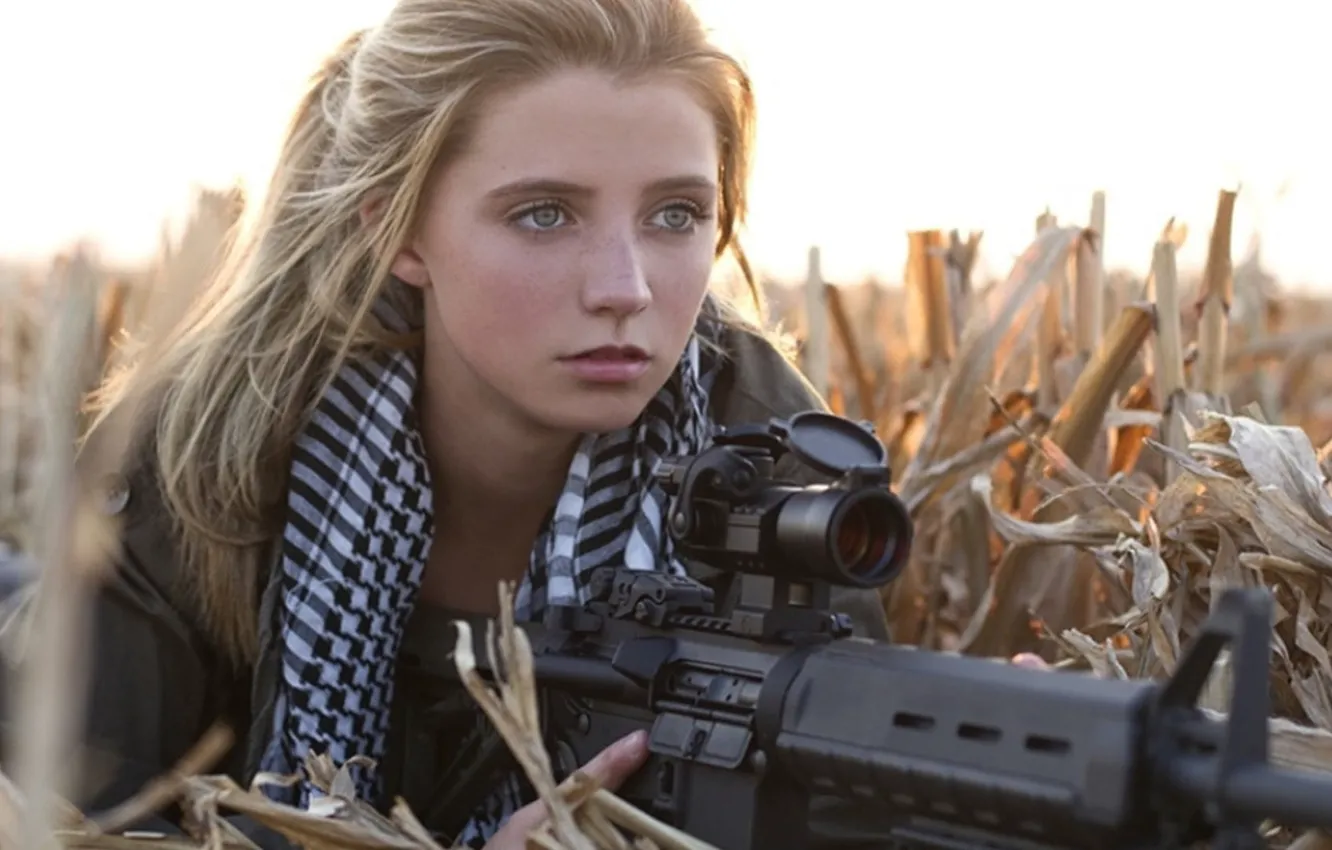 Photo wallpaper look, girl, weapons, blonde, sight