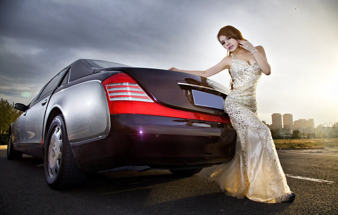 Photo wallpaper auto, look, Girls, dress, Asian, beautiful girl, posing on the car, Mercedes-maybach